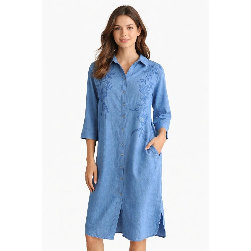 Utsa Womens Blouse Embroidered Cotton Tunic Dress L faux Button Front Pockets